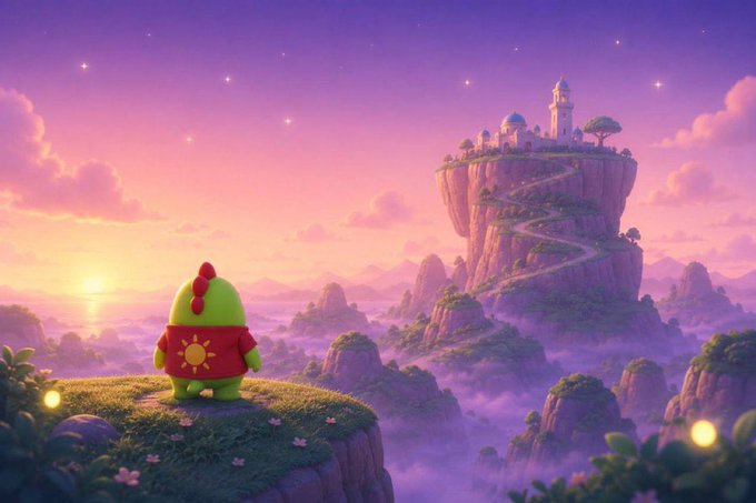 A digital fantasy illustration of a small green character with a red crest and cape standing on a cliff, overlooking a landscape with a castle on a tall rock formation under a purple and pink sunset sky.