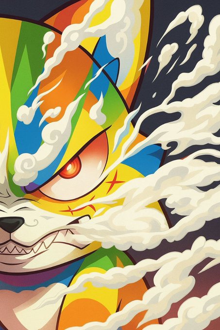 A vibrant, stylized illustration depicts a snarling wolf-like creature with a glowing red eye, surrounded by swirling white clouds and sharp teeth.