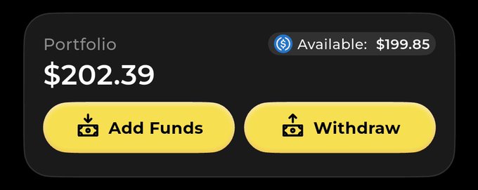 A mobile app interface showing a portfolio balance of $202.39 with $199.85 available, featuring yellow "Add Funds" and "Withdraw" buttons. The image represents the creator's first win of "UPTOBER," celebrating their portfolio milestone as they aim to grow further from this starting balance.