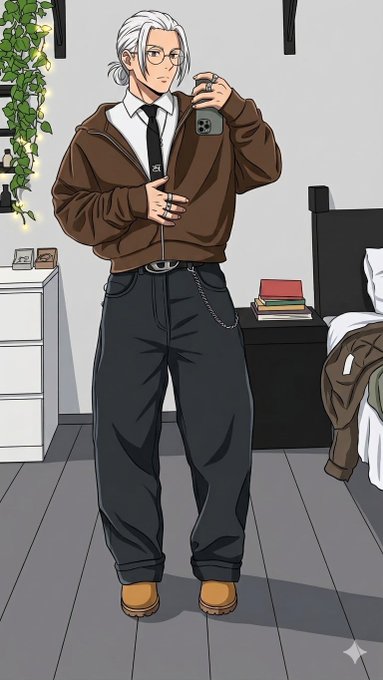 An anime-style illustration depicts a white-haired man in a brown hoodie, white shirt, black tie, and baggy dark pants taking a mirror selfie in a bedroom.