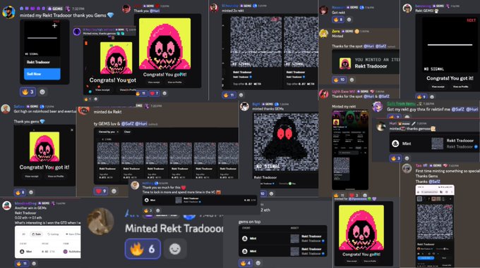 A collage of social media screenshots displays various NFT mints and congratulatory posts for "Rekt Tradoor" from users like GEMS, AintHateGod, and QuickTouch, with an embedded trading chart showing the collection reached an all-time high of 0.122 ETH ($300). The celebratory posts and rising price metrics visually reinforce the post's announcement that "It's Rekt Tradoor season" with the collection now at its ATH.