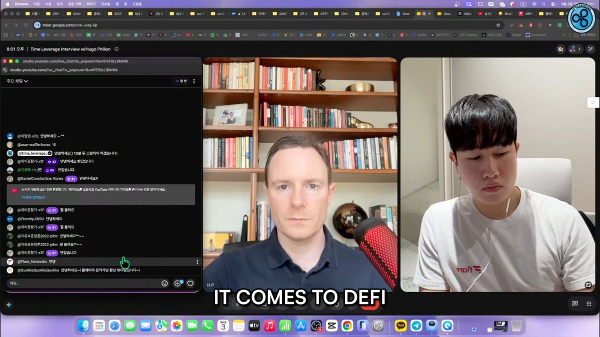 A YouTube livestream interview shows Hugo Philion and a host discussing “How FAssets minimizes the risk surface in every possible way,” with the on-screen subtitle “IT COMES TO DEFI.” The chat includes the FAssets ticker and references the Flare Network, with the host appearing to translate the discussion into Korean.
