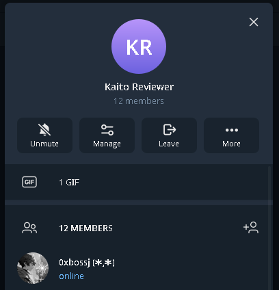A screenshot of a Discord server or group chat called "Kaito Reviewr" with 12 members, showing an online user named "0xbossj(*.*)".