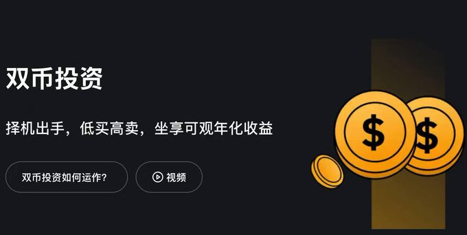 A promotional banner for Bybit's dual-asset investment product featuring Chinese text "双币投资" (Dual Currency Investment) with the tagline "择机出手，低买高卖，坐享可观年化收益" (Buy low, sell high at the right moment, enjoy attractive annualized returns), accompanied by two buttons labeled "双币投资如何运作？" and "视频", and illustrated with stacked gold coins bearing dollar signs. The banner visually supports the post's introduction to Bybit's dual-asset product, which allows users to place buy-low or sell-high orders on cryptocurrencies like BTC, ETH, and MNT while earning annualized yield during the waiting period.