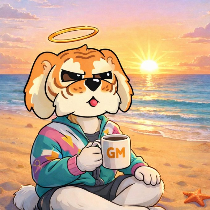 The image features a cartoon dog sitting on the beach, holding a coffee cup and wearing a sweater. The background of the image shows an ocean view at sunset with clouds. There are also some starfish scattered around the scene. The caption provided is related to a post about using a cold wallet for spending assets, which could be relevant if the image is promoting a product or service that involves managing finances on an exchange platform like Gemini.