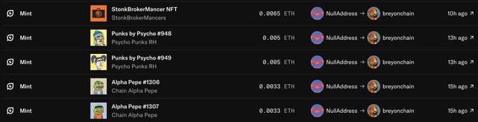 The image shows a list of NFT mint transactions on OpenSea, including "StonBrokerMancer NFT," "Punks by Psycho #948," "#949," and "Alpha Pepe #1306," all seemingly minted by "NullAddress" to "breyochain" for small amounts of ETH (0.0033-0.0065). This appears to be a screenshot addressing the user's complaint that false "Mint" activity is being attributed to their account despite them not actually minting these collections, likely requesting OpenSea investigate the issue to protect their followers from being misled.