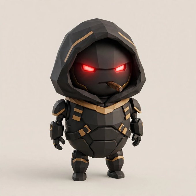 A 3D-rendered chibi-style character in dark armor with a hood, glowing red eyes, and a small cigar, featuring gold accents on a beige background.