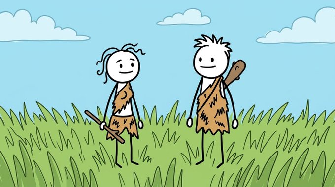 A simple cartoon shows two prehistoric figures in fur clothing standing in tall grass under a blue sky with clouds, holding wooden sticks or clubs.