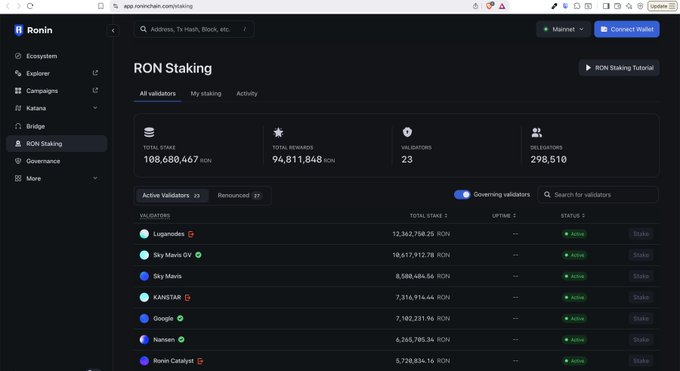 The image shows the RON Staking page on the Ronin ecosystem dashboard, displaying 108,680,467 RON in total stake, 94,811,848 RON in total rewards, 23 validators, and 298,510 delegators, with a list of active validators like Luganodes, Sky Mavis GV, Sky Mavis, KANSTAR, and Google. This visually supports the post's complaint by showing that the RON Staking interface remains prominently visible in Ronin's ecosystem, which could confuse users about whether staking is still an active feature.