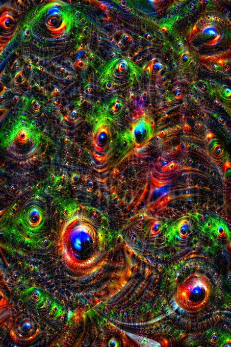 A vibrant, psychedelic digital artwork featuring an intricate, fractal-like pattern of multiple eyes with irises in shades of green, red, orange, and blue scattered throughout a swirling, highly textured background.