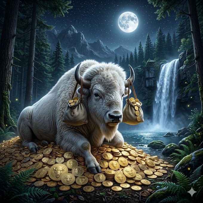 A fantasy digital artwork depicting a white bison sitting on a massive pile of gold coins with bags of gold slung over its horns, set in a nighttime forest with a waterfall and full moon.