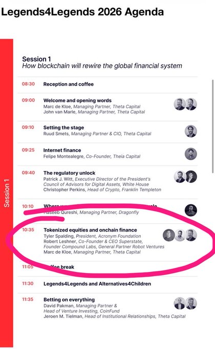 An agenda page for 'Legends4Legends 2026 Agenda' showing Session 1 on how blockchain will rewire the global financial system, with a pink circle highlighting the 10:35 session titled 'Tokenized equities and onchain finance'.