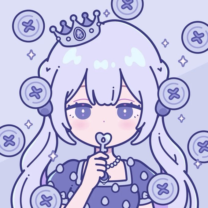 A purple-toned anime illustration of a cute girl with long hair wearing a crown and polka dot dress holding a small scepter, surrounded by floating coins with X marks and sparkles.