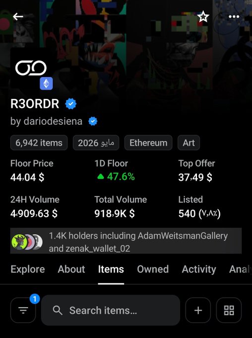 A mobile app screenshot of an NFT collection page titled 'R3ORDR by dariodesiena' on Ethereum, showing 6,942 items, a floor price of $44.04, 24H volume of $4,909.63, and 1.4K holders.