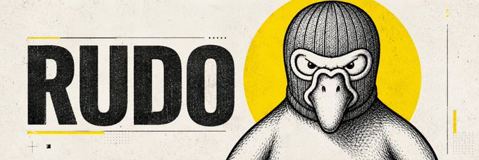 The image features a bold banner with the text "RUDO" alongside an illustrated character wearing a ski mask with a duck-like bill, set against a yellow circular background. This stylized design serves as the new community-added banner image for the $RUDO token on Moby.