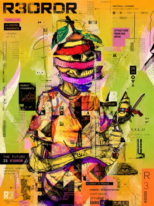 A vibrant collage-style artwork features a fruit-topped figure holding an ice cream cone, surrounded by bold text including "R3ORDR," "THE FUTURE IS R3ORDR," and "STAY EARLY," visually echoing the post's message about staying early and humble while embracing the R3ORDR brand ethos.