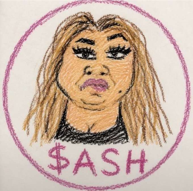 A colored pencil drawing portrait of a woman with long brown hair and purple lips inside a purple circle with '$ASH' written below.