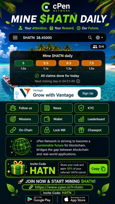 The image shows the cPen Network mobile app interface promoting "Mine $HATN Daily" with a current balance of 38.45 $HATN tokens, featuring mining multipliers (1.1x-1.5x) and daily rewards, aligning with the announcement that $HATN mining has officially launched following the end of $INK mining. The app displays various features including missions, wallet, and leaderboard, with an invitation code "HATN" for referrals.