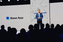 The image shows a man standing at a podium with a large screen behind him displaying the Base App logo. The man appears to be giving a presentation or speech related to the app, possibly discussing its features or future plans. The audience consists of several people sitting in rows, attentively listening and watching the speaker.