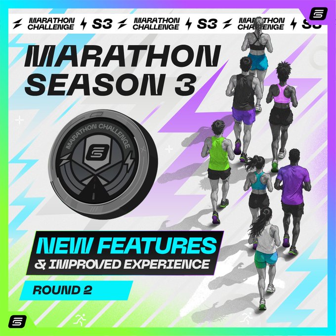 A promotional graphic for "Marathon Season 3, Round 2" featuring a metallic medal badge and illustrated runners with the text "New Features & Improved Experience," tying into the announcement that registration for another 14-day challenge closes at 12 PM UTC on 24 Aug.