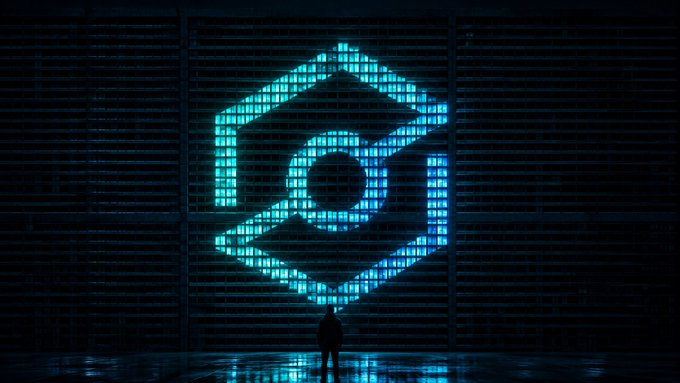 A silhouette of a person standing before a massive, glowing blue eye-like symbol displayed on a gridded wall in a dark room.