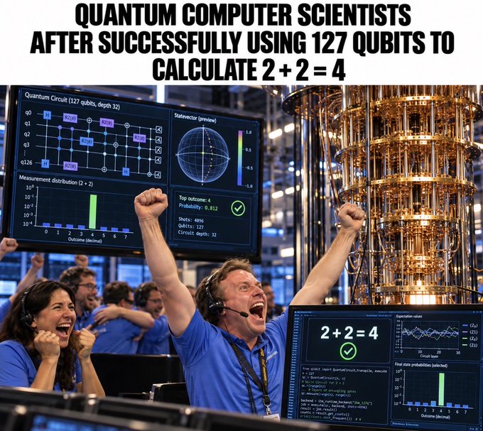 A humorous meme titled 'QUANTUM COMPUTER SCIENTISTS AFTER SUCCESSFULLY USING 127 QUBITS TO CALCULATE 2 + 2 = 4,' showing ecstatic researchers celebrating around screens displaying the simple arithmetic result.
