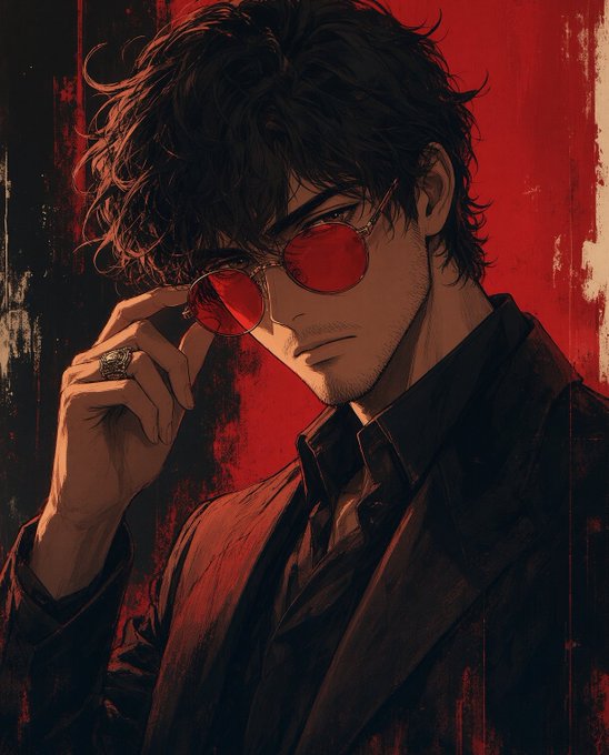 An anime-style portrait of a young man with tousled black hair and red-tinted sunglasses, wearing a dark jacket and a silver ring, set against a dramatic red and black textured background.