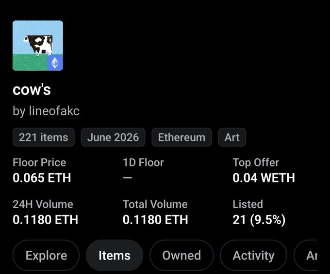 In the image, there's an alert box that says "congrats to everyone who were eligible and minted" along with the text "Cow'S by @lineofakc Mint price was 0.0229ETH so it's a good win but volume is currently low." This suggests that people have successfully purchased cow-related items for an ether contract, yet the overall market demand has been relatively low at this time. The image also features a detailed rundown of the items bought by the users in a clear and organized manner.