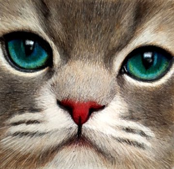 A close-up digital painting of a cat's face featuring bright green eyes and a pink nose.