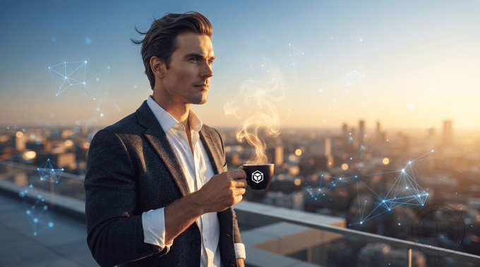 A polished man in a dark blazer sips steaming coffee on a rooftop overlooking a city skyline at sunrise, framed by glowing blue network-like constellations that visually echo the post's theme of building visible weight and momentum in Web3 through consistent, high-quality digital presence.