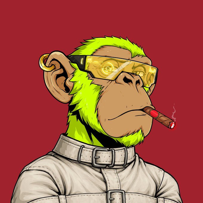 A digital illustration of a green-furred monkey character wearing yellow futuristic sunglasses and a beige straitjacket-style outfit, smoking a cigar against a red background.
