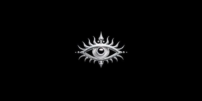 A stylized silver eye emblem with flame-like rays radiates from the center against a black background, serving as the visual identity for the trending NFT project mentioned in the post.