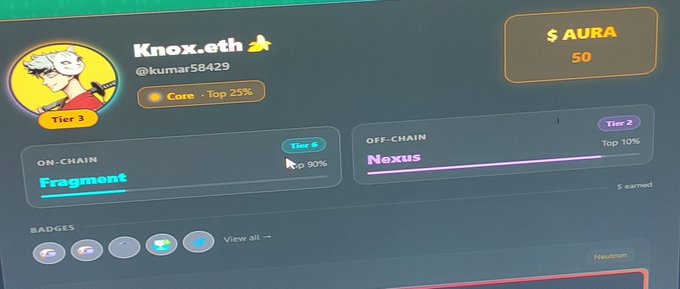A screenshot of a user profile for "Knox.eth" (@kumar58429) on Nucleus, showing a Tier 3 status with 50 $AURA, Top 50% ranking, and progress on "Fragment" (On-Chain, 90%) and "Nexus" (Off-Chain, Top 10%) activities. The image visually supports the poster's caption about their Nucleus profile stats, reputation system, and tier placement.