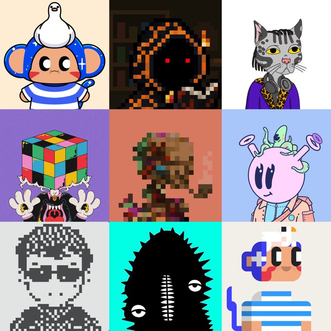 A 3x3 grid of various stylized NFT character avatars, including pixel art, cartoon, and grotesque designs.