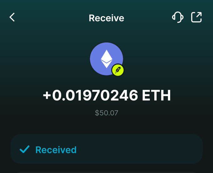 A mobile wallet 'Receive' screen showing a successful transaction of +0.01970246 ETH ($50.07) with a 'Received' confirmation checkmark.