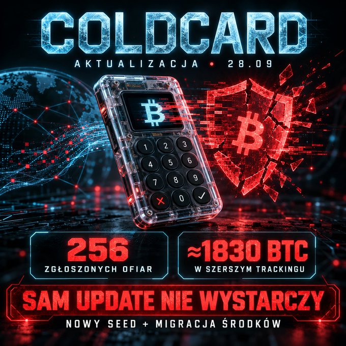A Polish-language security alert graphic for COLDCARD hardware wallet featuring a Bitcoin logo on a keypad device, warning about an update (28.09) with 256 reported victims and approximately 1830 BTC in broader tracking, advising 'SAM UPDATE NIE WYSTARCZY - NOWY SEED + MIGRACJA ŚRODKÓW' (just the update isn't enough - new seed + fund migration).