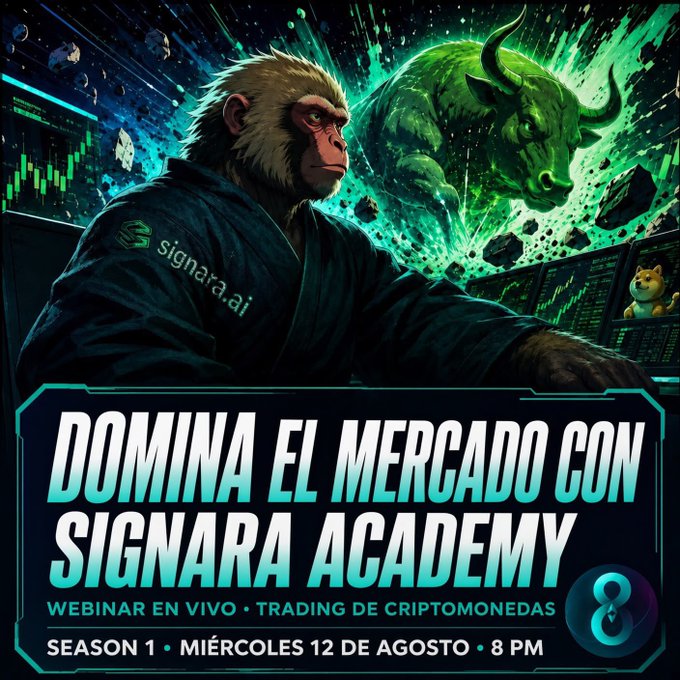 An advertisement for 'SIGNARA ACADEMY' showing a monkey in a robe beside a glowing green bull, with text 'DOMINA EL MERCADO CON SIGNARA ACADEMY' announcing a webinar on cryptocurrency trading on Wednesday, August 12 at 8 PM.