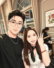 A young man and woman pose together for a selfie in an upscale restaurant setting, with the woman flashing a peace sign and both smiling warmly. The image captures the long-awaited in-person meetup referenced in the caption, showing the casual yet friendly moment between the two after finally connecting beyond brief greetings at the venue.