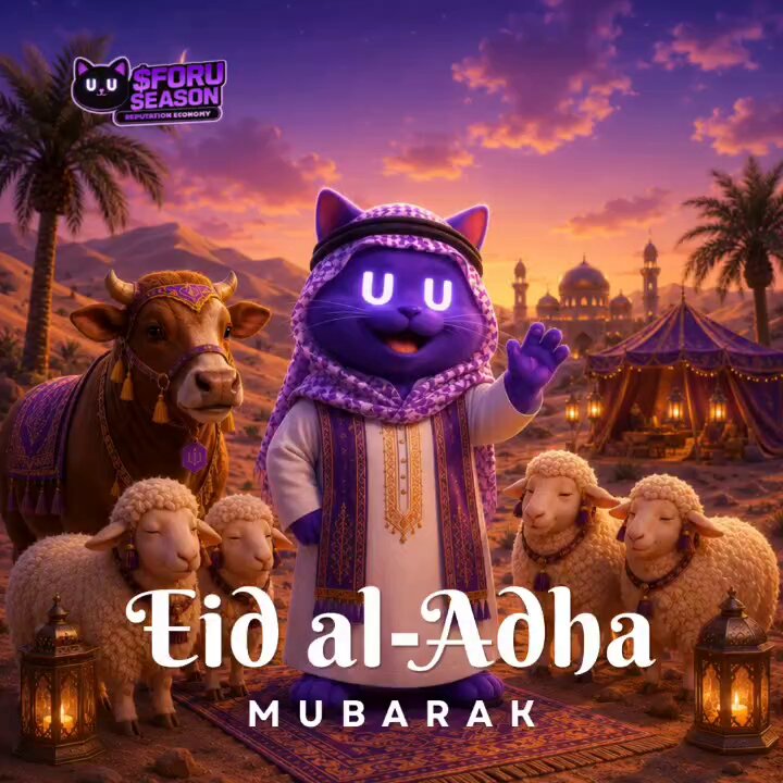 The image features a cartoon cat dressed in traditional Middle Eastern clothing standing next to four sheep. The cat appears to be waving at the viewer while surrounded by palm trees, which are part of the desert setting depicted in the scene. In the background, there is a mosque with a dome and minaret, adding to the cultural context of the image. The caption below the image reads "Happy Eid al-Adha to the @4uaicrypto team, community, and @monad NFTs What'S the sacrifice this year? May Foru continue to grow and succeed, may all the sacrifices of time, energy, emotions, and everything become blessings for the entire community and everyone."