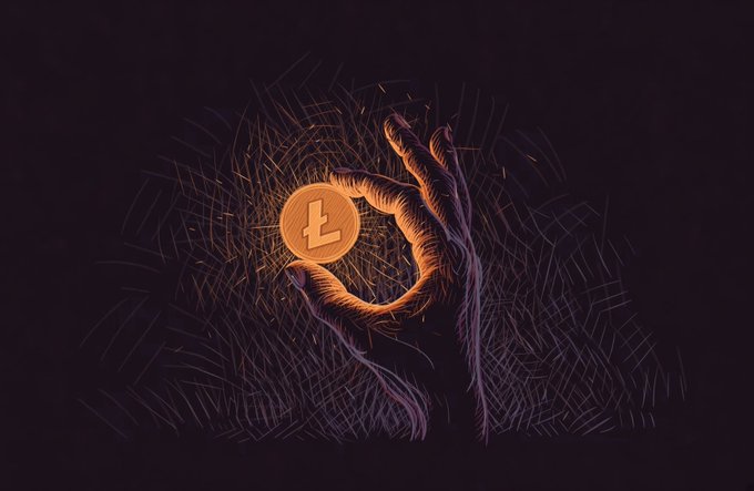 A dark, artistic illustration of a hand cradling a glowing Litecoin coin, surrounded by radiating orange sparks.