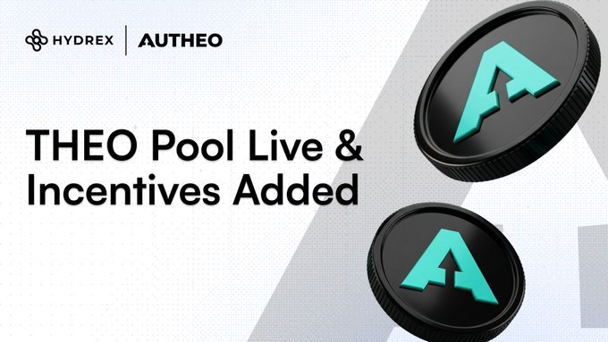 A promotional graphic from Hydrex and AUTHEO announcing 'THEO Pool Live & Incentives Added,' featuring two black coins with a teal 'A' logo.
