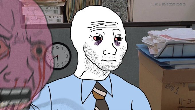 A Wojak-style illustration shows a tired, bruised man in an office setting next to a terrifying, distorted purple face, with a clock showing approximately 10:10 and a box labeled 'Box 1' in the background.