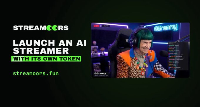 An advertisement for 'STREAMOORS' promoting 'LAUNCH AN AI STREAMER WITH ITS OWN TOKEN' at streamoors.fun, featuring a green-haired virtual streamer named 'GGranny'.