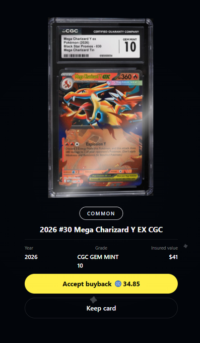 A Pokemon trading card app interface displays a graded "2026 #30 Mega Charizard Y EX CGC" with a GEM MINT 10 grade and an insured value of $41, offering a buyback of 34.85.