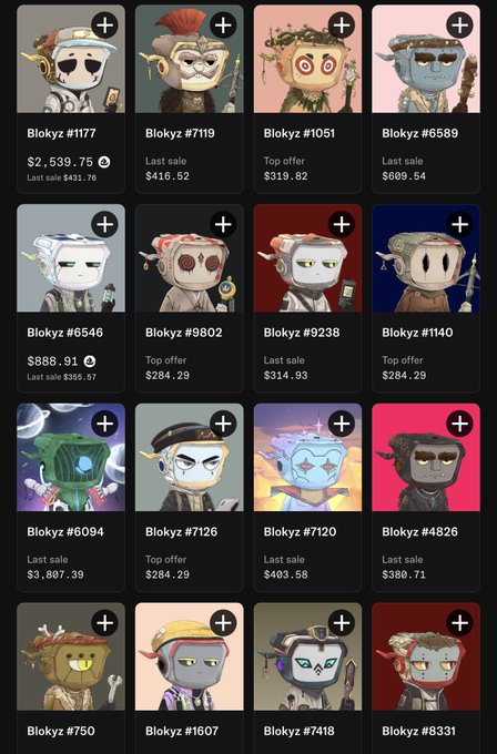 The image shows a 4x4 grid of 16 Blokyz NFT characters with prices ranging from $284.29 to $3,807.39, including names like Blokyz #1177, #719, #1051, #6589, and others. The post's "smash or pass" prompt asks viewers to judge the artistic quality of these varied character designs, which feature diverse styles from punk figures to mystical creatures, directly referencing the collection shown.
