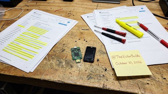 A workbench scene with printed datasheets highlighted in yellow, screwdrivers, a disassembled USB device with exposed circuit board, and a sticky note labeled '@TheVictorBuilds October 10, 2026'.