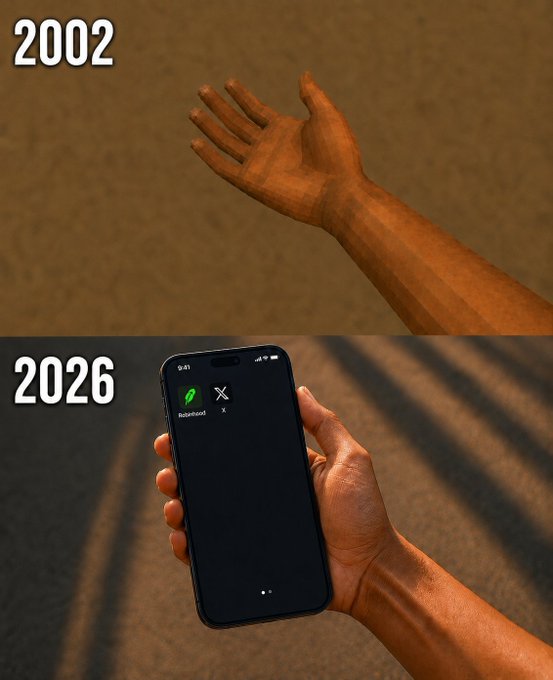 A comparison meme showing a hand reaching out in '2002' and holding a smartphone displaying the Robinhood and X (Twitter) logos in '2026'.