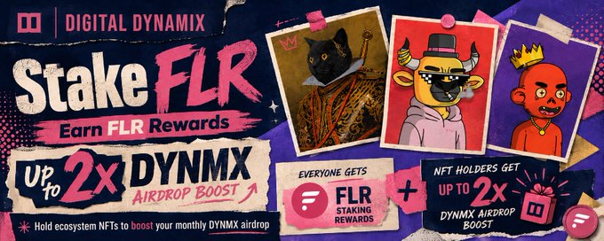 A promotional graphic for 'Digital Dynamix' featuring 'Stake FLR Earn FLR Rewards' with 'Up to 2x DYNMX Airdrop Boost', showing cartoon character NFT portraits including a giraffe in sunglasses and a crowned figure.