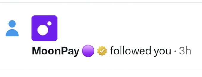 A social media notification shows the account 'MoonPay' with a verified checkmark followed the user 3 hours ago.