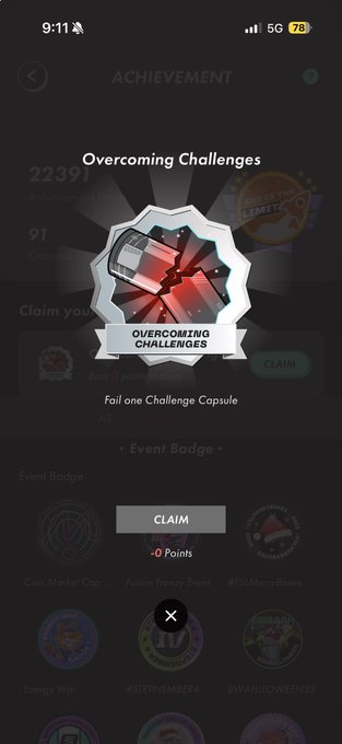 The image shows a STEPN achievement screen displaying an "Overcoming Challenges" badge obtained by failing one Challenge Capsule, with a "CLAIM" button available, relating to the post celebrating a STEPN achievement.